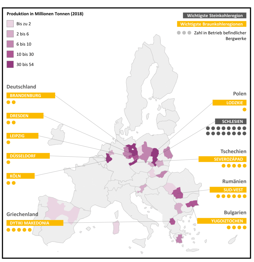 Kohle wird in der EU vor allem in Mitteleuropa abgebaut – und ist entsprechend wichtig für betroffene Länder, wie etwa Polen. Dort arbeiten mehr als doppelt so viele Menschen in der Kohleproduktion als im Rest Europas zusammen. Grafik: Europäischer Rechnungshof