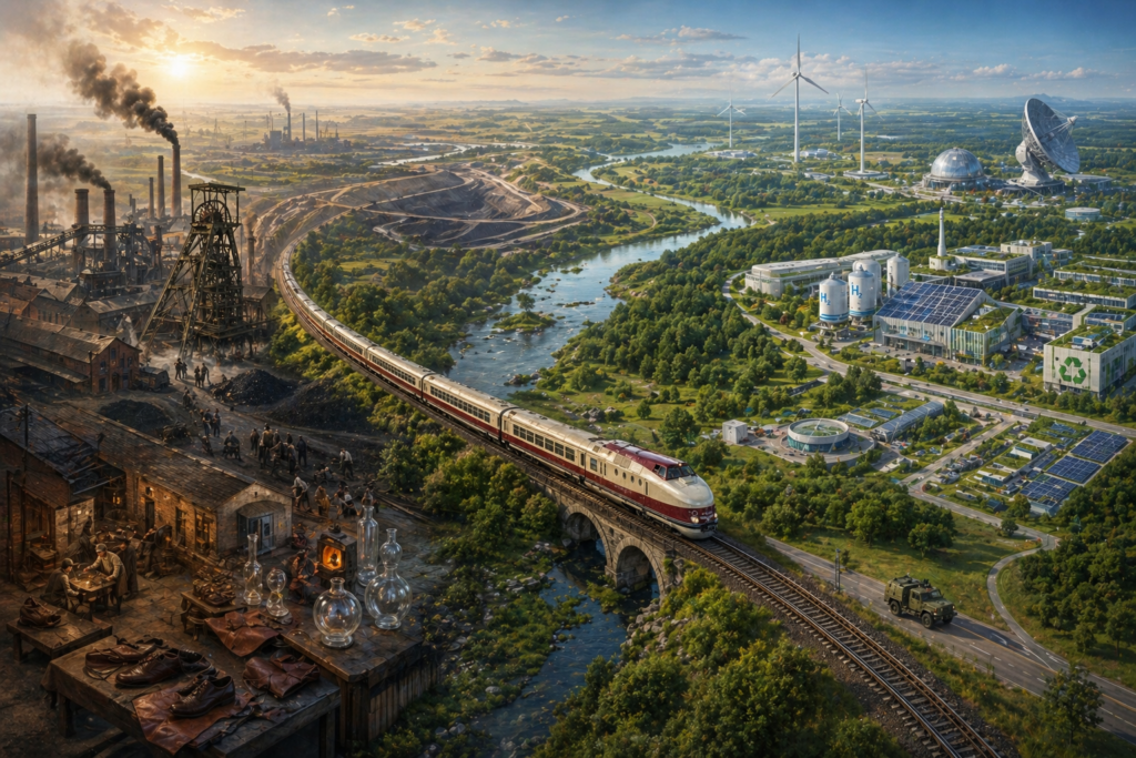Alte und neue Industrien der Lausitz. Der Bau von Schienenfahrzeugen rangiert mittendrin. Bild: KI / NL 