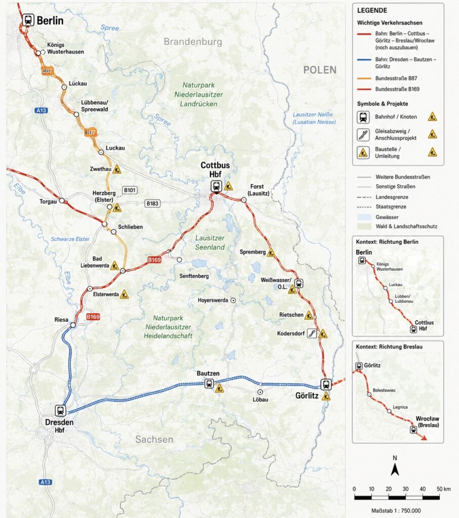 Auf diese Infrastrukturprojekte kommt es für die Lausitz an. Grafik: NL mit KI 